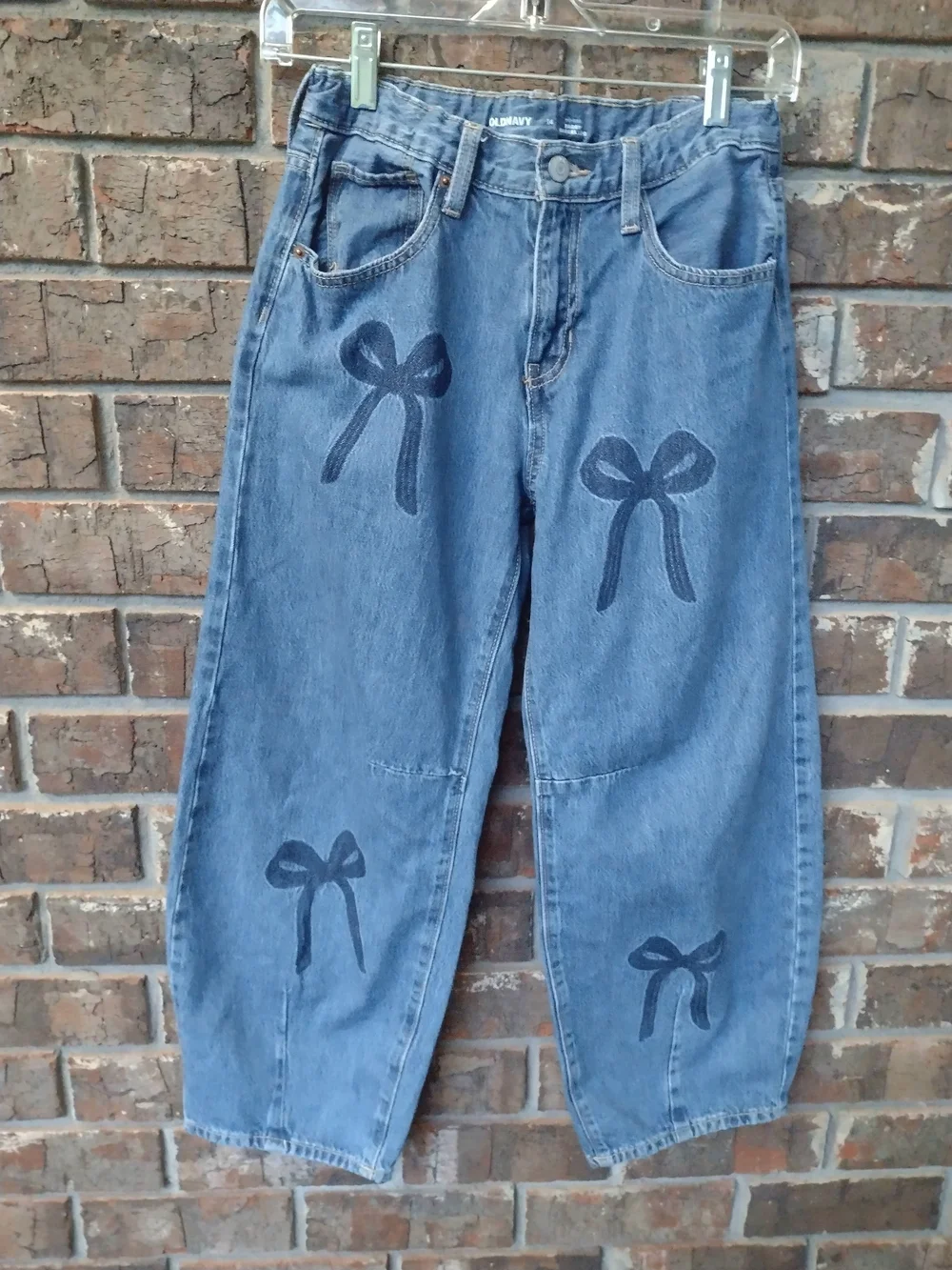 Old Navy Girls 14 MidRise Baggy Barrel LegJeans  Blue Bow Print Adjustable Waist